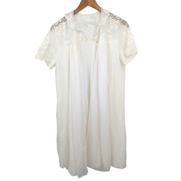 Vintage Artemis Lace Sheer Nylon Nightgown Ivory Short Sleeve Size Small - Picture 1 of 5